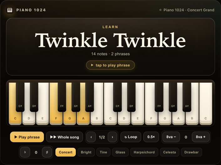 A Piano 1024 card teaching Twinkle Twinkle, the phrase highlighted on the keyboard